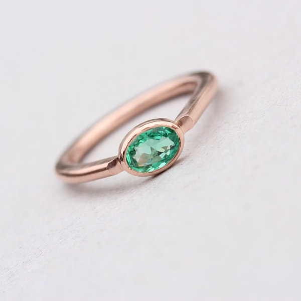 Modern 14K Rose Gold Emerald Engagement Ring Simple Green Brazilian Gemstone Oval Drop Shank Minimalistic Low Profile Setting - Beryl Sea