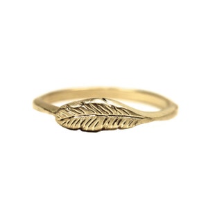 Delicate Organic Feather Ring 14K Yellow Gold Woodland Boho Bird Wing Warm Golden Glow Nature Light Flight Stackable Band - Feather's Gold