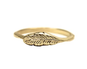 Delicate Organic Feather Ring 14K Yellow Gold Woodland Boho Bird Wing Warm Golden Glow Nature Light Flight Stackable Band - Feather's Gold