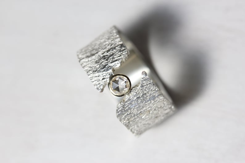 Rustic Rose-Cut Diamond Ring Wedding or Engagement Wide Textured Silver Band 14K Yellow Gold Round Bezel Bridal Setting Brilliant Canyon image 2