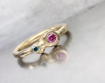 Pink Sapphire Teal Blue Diamond Engagement Ring 14K Yellow Gold Organic Double Gemstone Romantic Boho Low Profile Bridal Band - Sugar Orbs