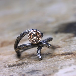 Silver 14K Yellow Gold Branch Peach CZ Engagement Ring Rustic Wedding Woodland Tree Bark Crossover Twig Bridal Design Boho - Sparkle Bark