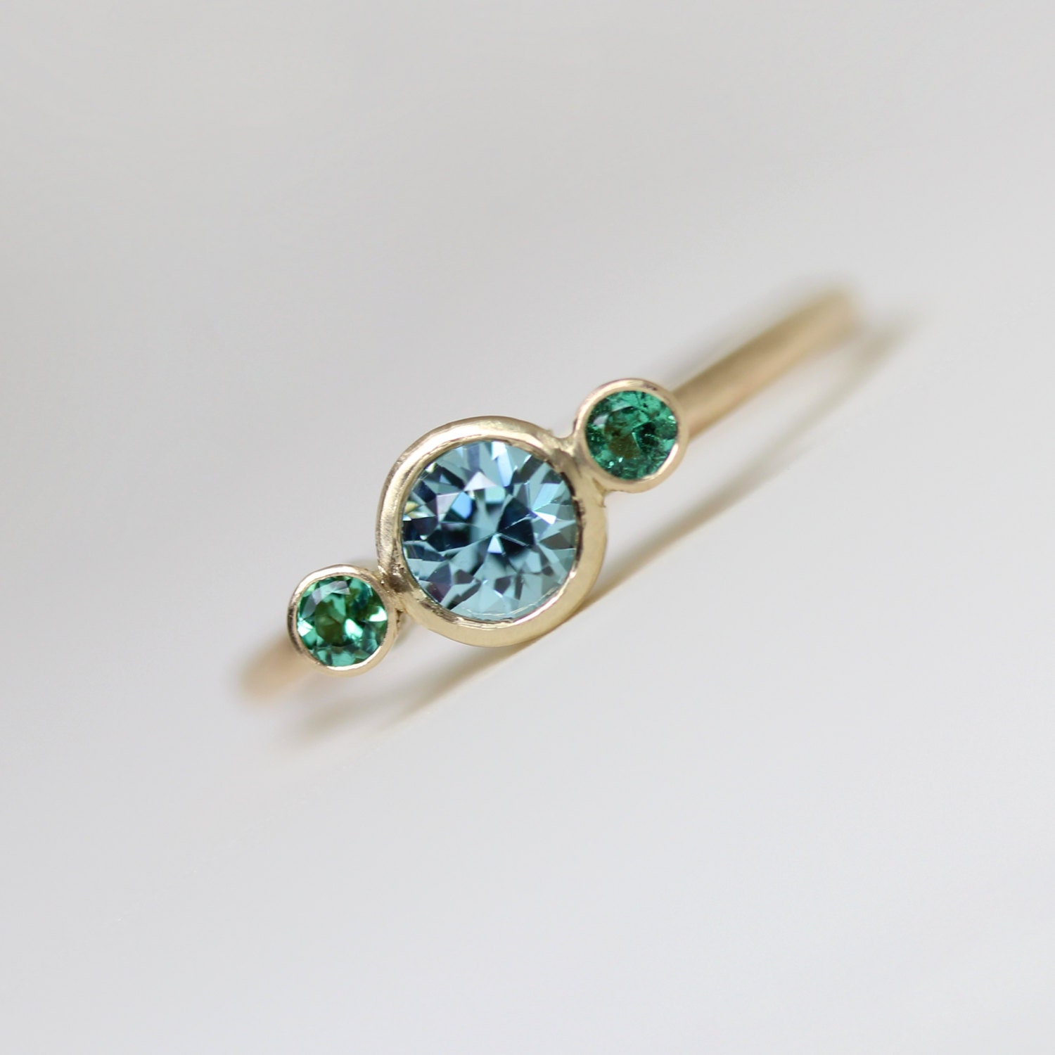 Delicate Blue Zircon Green Emerald Engagement Ring 14k Yellow Etsy