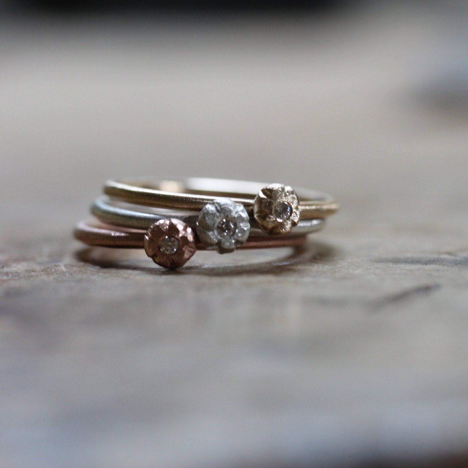 Cute Flower Diamond Stacking Rings Silver or 14K Yellow, White, Rose ...