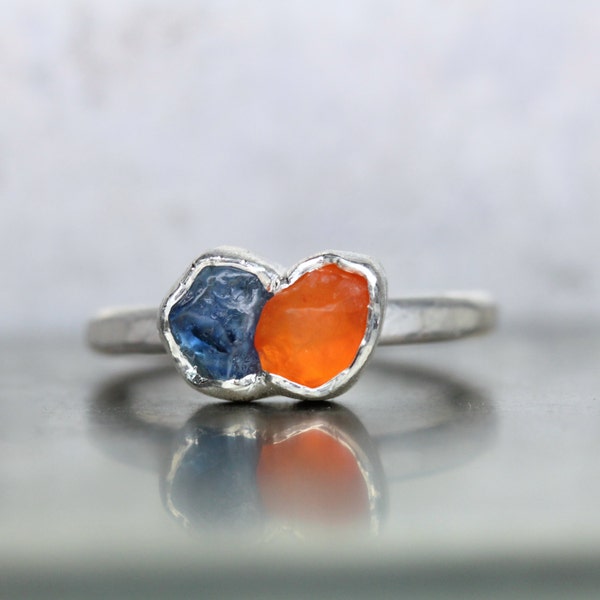 Rough Sapphire Fire Opal Ring Silver Blue Orange - Symbiosis