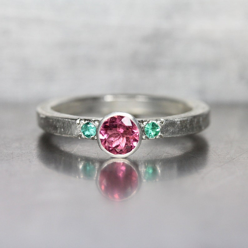 Pink Tourmaline Green Emerald Engagement Ring Silver Modern Spring Summer Wedding Cherry Blossom Fairy Rustic Boho Bridal Band Kirschfee image 1