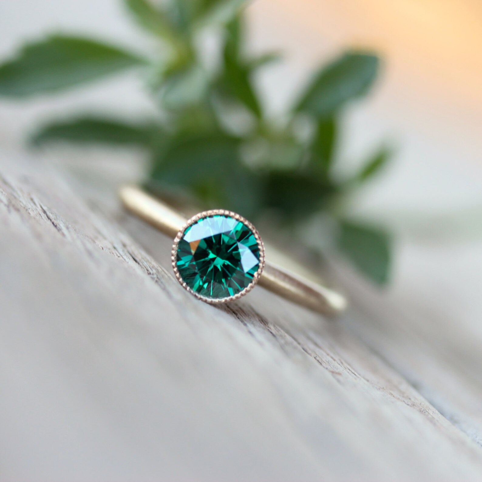 Woodland Engagement Ring Emerald Green Moissanite 14K Yellow Etsy