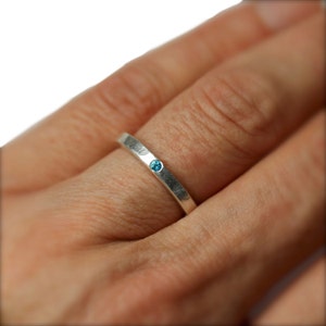 Delicate Silver Paraiba Colored Topaz Wedding Ring Hammered Texture Blue Narrow Subtle Modern Rustic Bridal Band Small Gem Electric Dab image 5