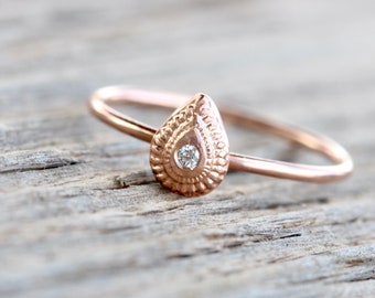 Delicate Drop Shaped Bindi Diamond Ring 14K Rose Gold Symbolic Bridal Gift Good Luck Marriage Wedding Engagement Ring - Teardrop Blessing