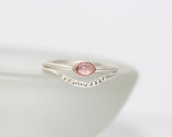 Delicate Pastel Pink Tourmaline Ring Set Silver 14K Rose Gold Beaded Bezel Detail with Included Oval Gemstone Brazil For Her - Bubbly Rosé