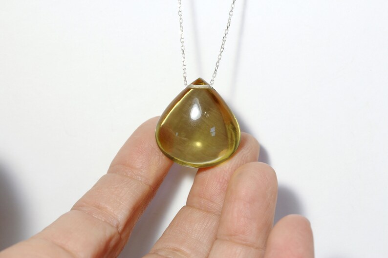Large Olive Quartz Drop Necklace Simple Teardrop Bead on Long Silver Chain Pendant Layered Look Olive Oil Colored Gemstone Huile d'Olive image 10