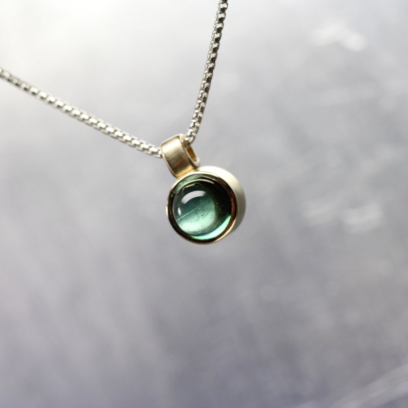 Pond Bubble Small Green Tourmaline 14K Yellow Gold Silver Necklace Round Underwater Cabochon Gemstone Brazil Delicate Bezel Gift Idea Her