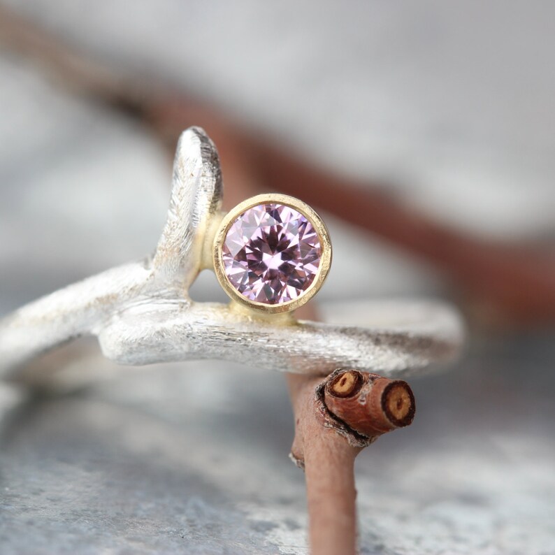 Rustic Modern Pink CZ Branch Engagement Ring Silver 18K Yellow Gold Minimalistic Candy Textured Twig Bridal Zen Romantic Square Branch image 4