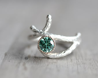 Silver 14K Yellow Gold Branch Engagement Ring Green Moissanite Woodland Tree Crossover Twig White Yellow Teal Unique Bridal - Mossy Bark