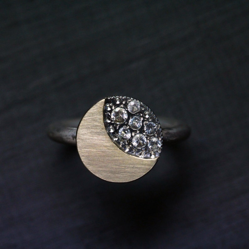 Moon and Stars Engagement Ring 14K Yellow Gold Silver 7 Sparkly White Sapphires Crescent Moon Romantic Lunar Bridal Band Sternschnuppe image 7