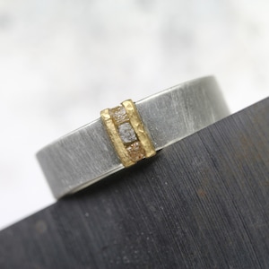 Men's Rough Diamond Cube Wedding Band 22K Yellow Gold Wide Silver Ring Rustic Hammered Texture Modern Mixed Metal Brown Gray For Him Earth image 1