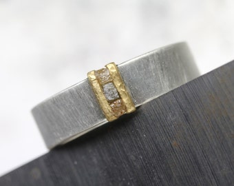 Men's Rough Diamond Cube Wedding Band 22K Yellow Gold Wide Silver Ring Rustic Hammered Texture Modern Mixed Metal Brown Gray For Him - Earth