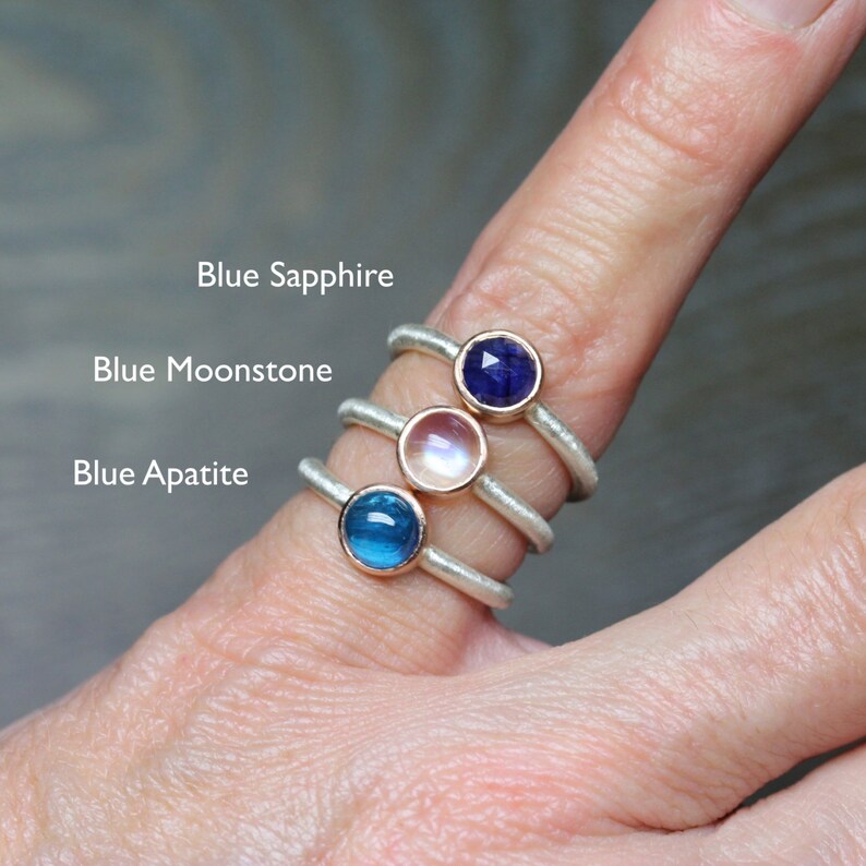 Blue Moon Stacking Rings 14K Rose Gold Silver Sapphire or Moonstone or Apatite Boho Romantic Glowing Pink Rose-Cut Gem Cabochon Mondblau image 5