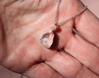 Rough Rose Quartz Crystal Necklace Silver 14K Rose Gold