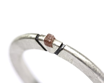 Rough Diamond Cube Silver Ring Engraved Oxidized Triangle Accent Pale Brownish Red Simple Minimalistic Women's Gemstone Band - Aztec Moon