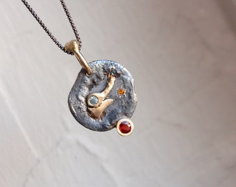 Rustic Planetary Gemstone Necklace Molten Dark Silver 14K Yellow Gold Padparadscha Sapphire Zircon Citrine Red Blue Orange - Keron Galaxy