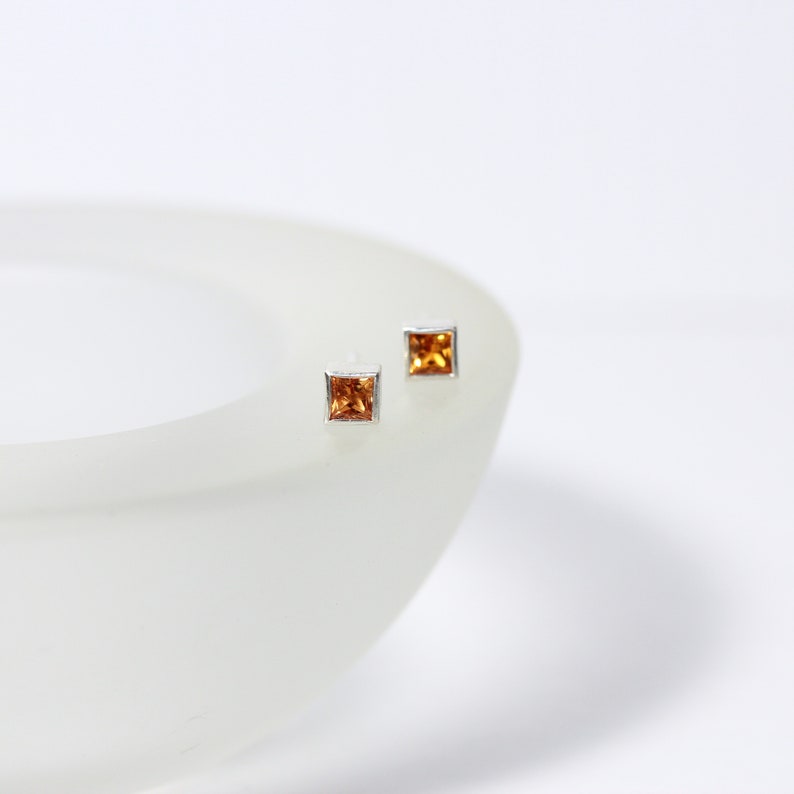 Tiny Square Orange Sapphire Stud Earrings Simple Mini Accessories September Birthstone Cute Glowing Princess Cut Bezel Gemstone Fire Boxes image 4