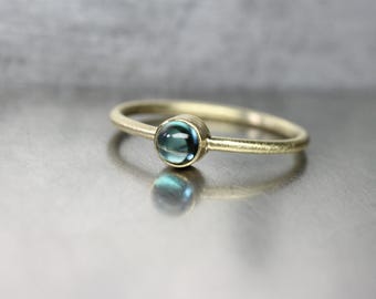 Indicolite Tourmaline 18K Yellow Gold Ring Stackable Modern Delicate Green-Blue Teal Color Brazilian Gemstone Round Cabochon - Ocean Driblet