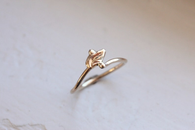 Art Deco Inspired Leaf Ring Delicate 14K Yellow Gold Small Abstract Leaflet Shape Handmade Design Autumn Gift Idea Promise Gilded Foliole image 4