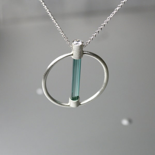 Raw Clear Blue-Green Tourmaline CZ Silver Necklace Ocean Water Magical Beach Underwater Bubble Playful Crystal Pendant Circle - Mermaid Hoop