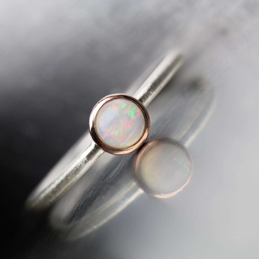 Tiny White Opal Stackable Ring 14K Rose Gold Silver Band Cute Color ...