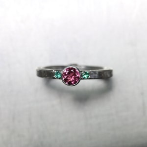 Pink Tourmaline Green Emerald Engagement Ring Silver Modern Spring Summer Wedding Cherry Blossom Fairy Rustic Boho Bridal Band Kirschfee image 3