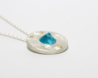 Modern Water Blue Apatite Necklace Silver 22K Yellow Gold Geometric Round Riveted Disk Pendant Vivid Faceted Upside Down Gemstone - Iceberg