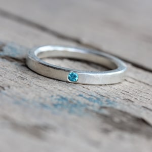 Delicate Silver Paraiba Colored Topaz Wedding Ring Hammered Texture Blue Narrow Subtle Modern Rustic Bridal Band Small Gem Electric Dab image 1