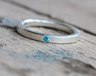 Delicate Silver Paraiba Colored Topaz Wedding Ring Hammered Texture Blue Narrow Subtle Modern Rustic Bridal Band Small Gem - Electric Dab