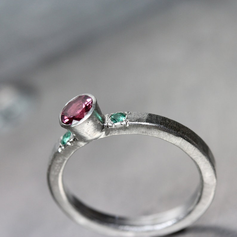 Pink Tourmaline Green Emerald Engagement Ring Silver Modern Spring Summer Wedding Cherry Blossom Fairy Rustic Boho Bridal Band Kirschfee image 4