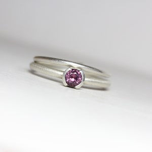 Delicate Wedding Ring Set Purple Spinel Silver Half Bezel Bridal Band Minimalistic Understated Violet Faceted Gemstone For Her Sugarplum image 4
