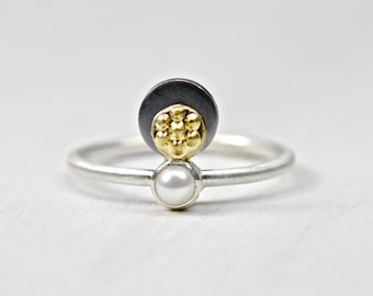 Delicate White Pearl 22k Yellow Gold Silver Ring Unique June Birthstone Statement Elegant Feminine Beach Gift Idea For Her - Tahitian Sunset