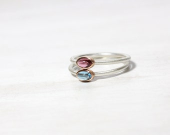 Tiny Gemstone Rings Pink Rhodolite Garnet or Swiss Blue Topaz Silver 14K Rose Gold Bezel Set Stackable Bands Cute Colorful Boho - Pastels