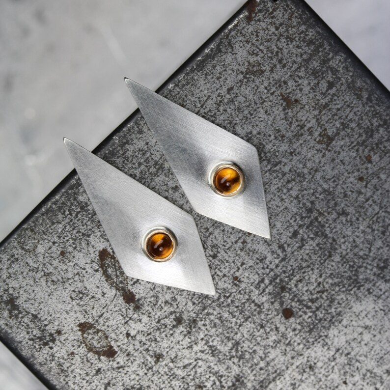 Geometric Citrine Stud Earrings Modern Silver Gold Long Triangle Tiny Golden Orange Gemstone Cabochons November Birthstone Modernist Glow image 9