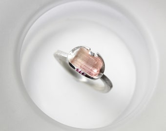 Rough Pale Pink Tourmaline Crystal and Ruby Statement Ring with Folded Silver Bezel Faint Blush Colored Raw Gemstone Setting - Wavelength