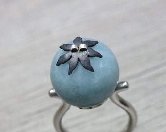 Fun Large Silver Cocktail Ring Big Round Blue Quartz Bead Modern Statement Textured Black Oxidized Star Size 9 Boho Gift Idea - Bubbly Blue