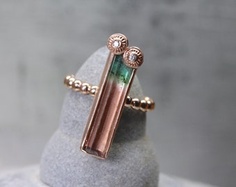 Raw Bi-Color Tourmaline Diamond Statement Ring 14K Rose Gold Pink Green Romantic Beaded Rough Gemstone Brazil Engagement - Watermelon Whirl