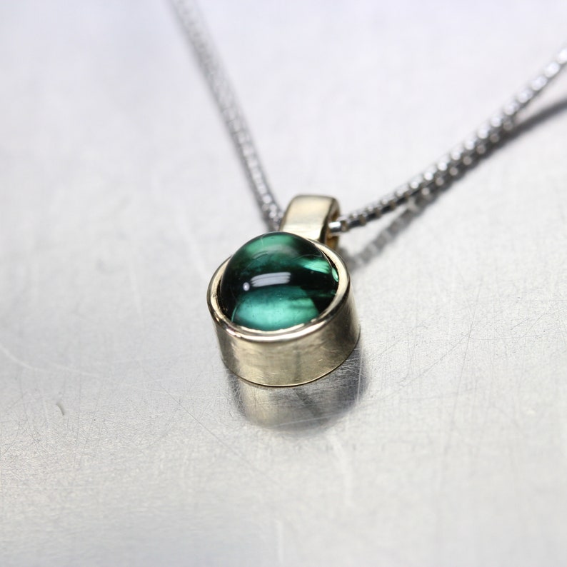 Pond Bubble Small Green Tourmaline 14K Yellow Gold Silver Necklace Round Underwater Cabochon Gemstone Brazil Delicate Bezel Gift Idea Her