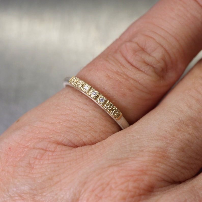Delicate Women's Wedding Band 14K Yellow Gold Beaded Detail Tiny Diamonds Silver Vintage Inspired Boho Bridal Ring 3-7 Sparkle Golden Path image 7