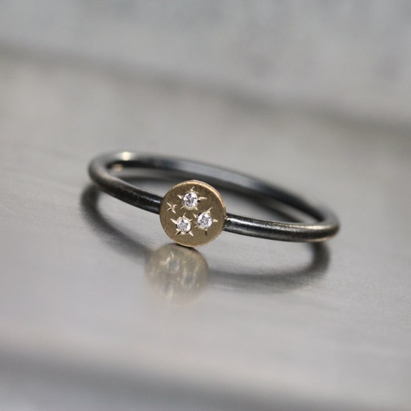 Cute 3 Starburst Diamond 14K Yellow Gold Silver Ring Cosmic Sparkle Oxidized Band Delicate Tiny Brilliant Gemstone Stacking Gift - Dreistern