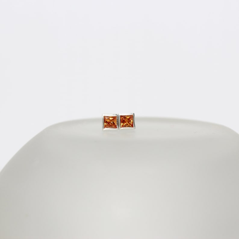 Tiny Square Orange Sapphire Stud Earrings Simple Mini Accessories September Birthstone Cute Glowing Princess Cut Bezel Gemstone Fire Boxes image 2