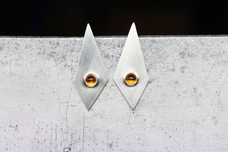 Geometric Citrine Stud Earrings Modern Silver Gold Long Triangle Tiny Golden Orange Gemstone Cabochons November Birthstone Modernist Glow image 4