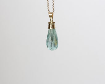 Unique Blue-Green Aquamarine Briolette Necklace 14k Yellow Gold Natural Included Rainbow Shimmer Pendant March Birthstone Her - Unicorn Tear