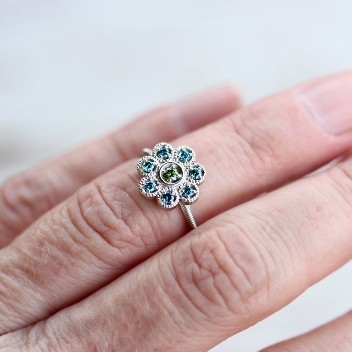 Floral Blue Green Diamond Engagement Ring 14K White Gold Etsy