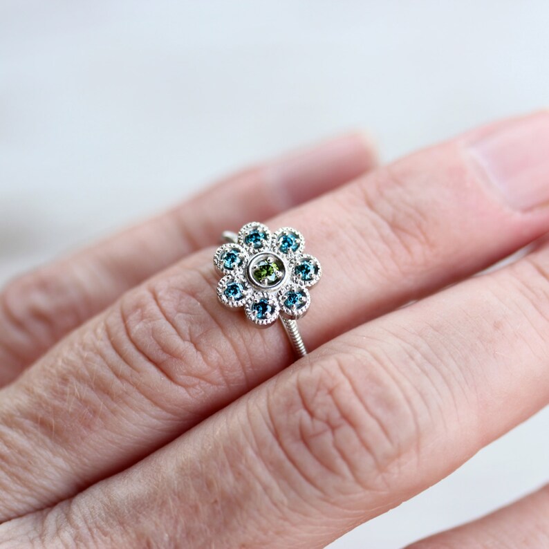 Floral Blue Green Diamond Engagement Ring 14K White Gold Mermaid Flower Ocean Color Round Milgrain Bezel Settings Underwater Design Sereia image 5